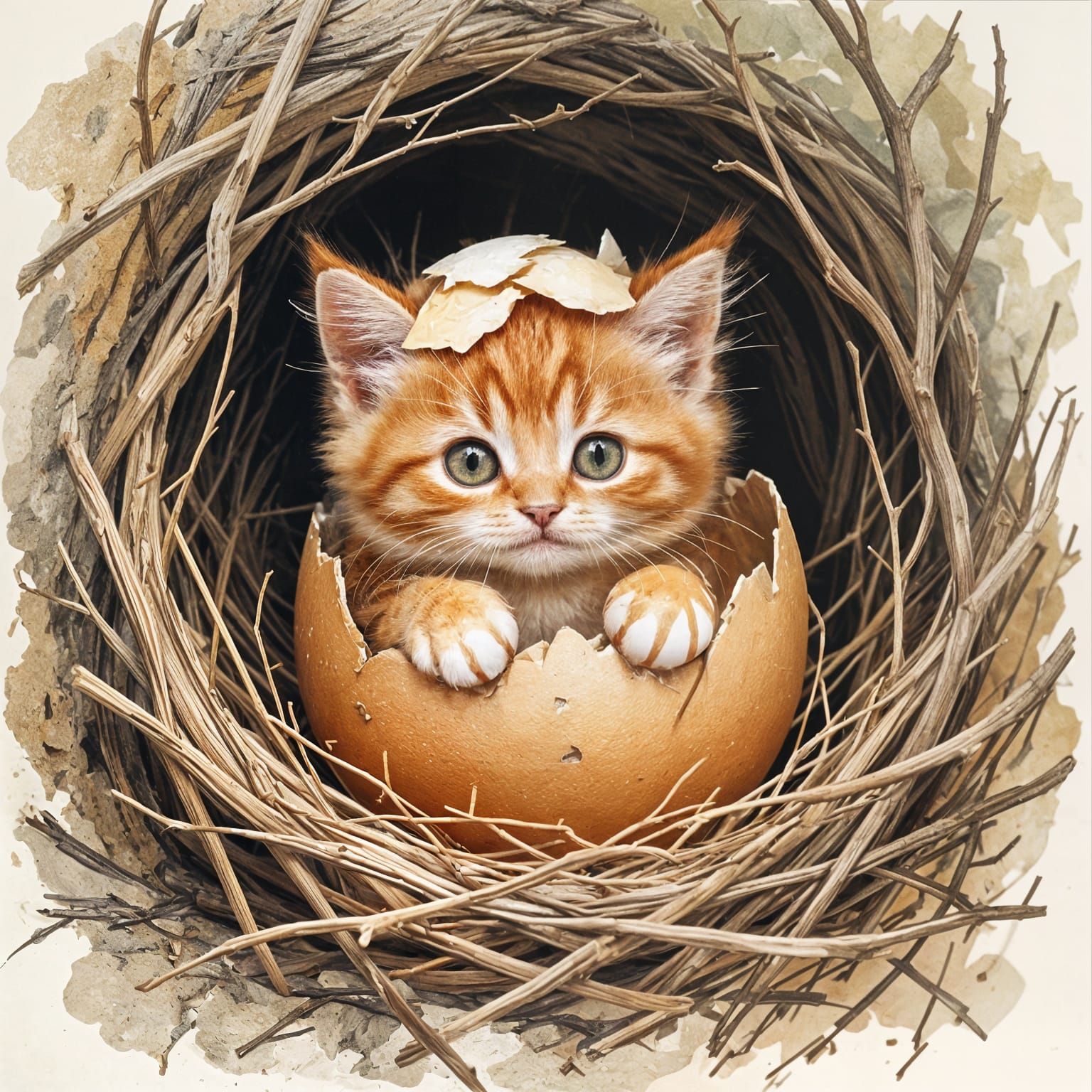 Orange Kitten Hatching from Egg in Craggy Nest