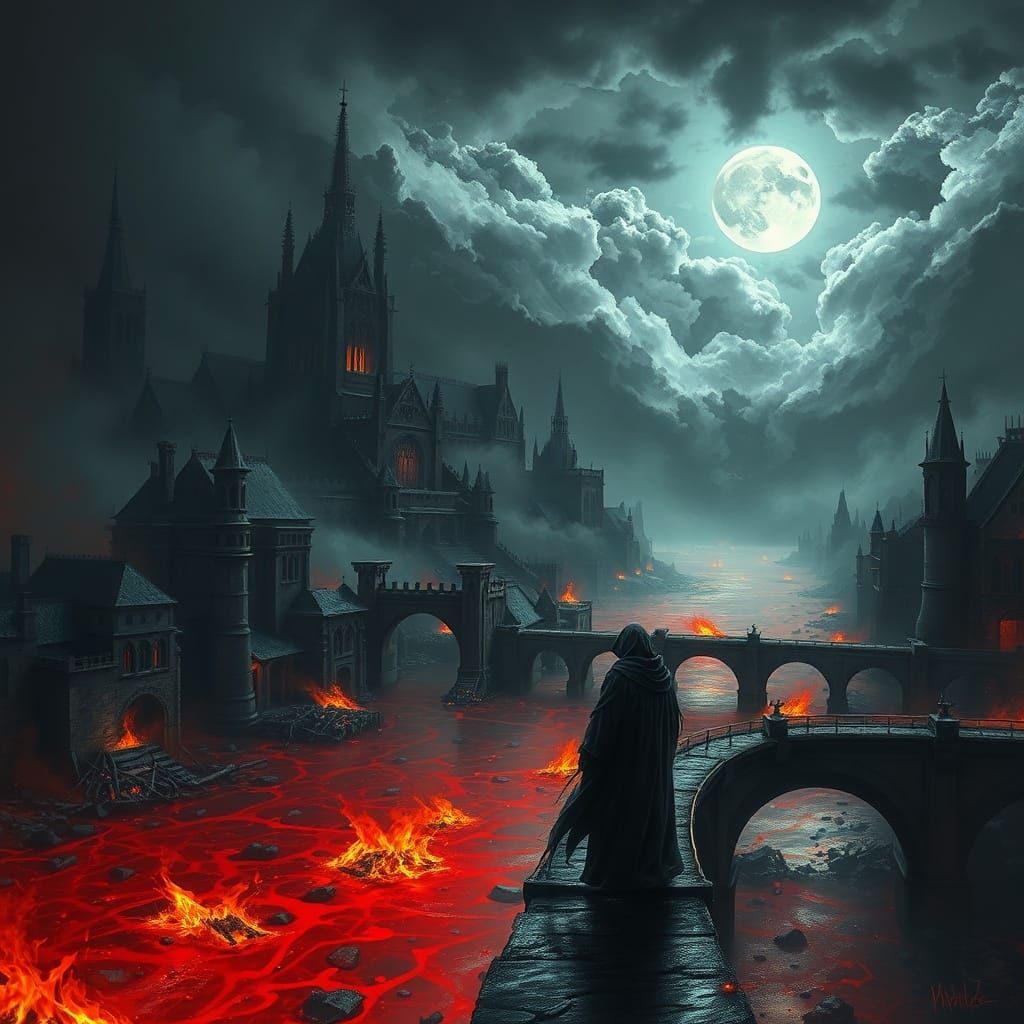 Devastated Gothic Architecture and River in Dark Fantasy Dig...