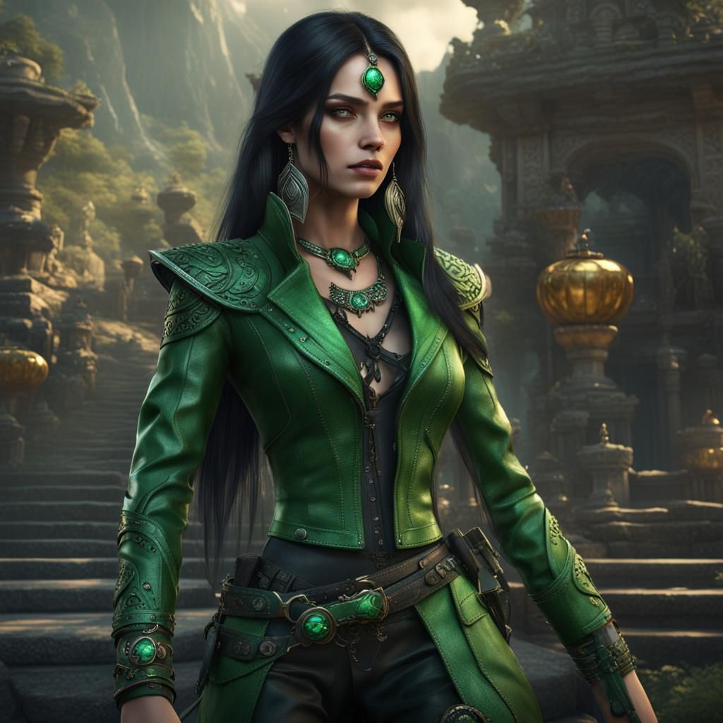Girl in Green Leather Outfit: Fantasy Art