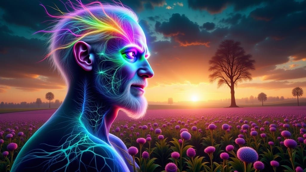 Fractal-Faced Man in Farm Horror Dreamscape