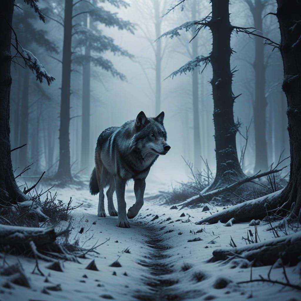 Mystical Winter Forest with Lone Wolf in Fog