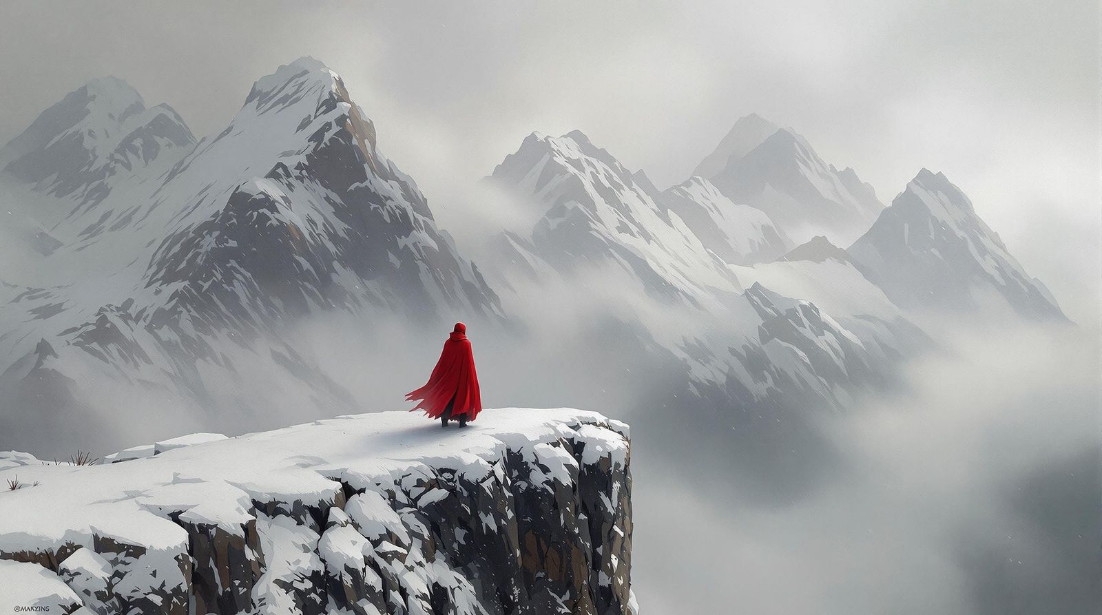 Impressionistic Crimson Figure on Snowy Mountain Cliff