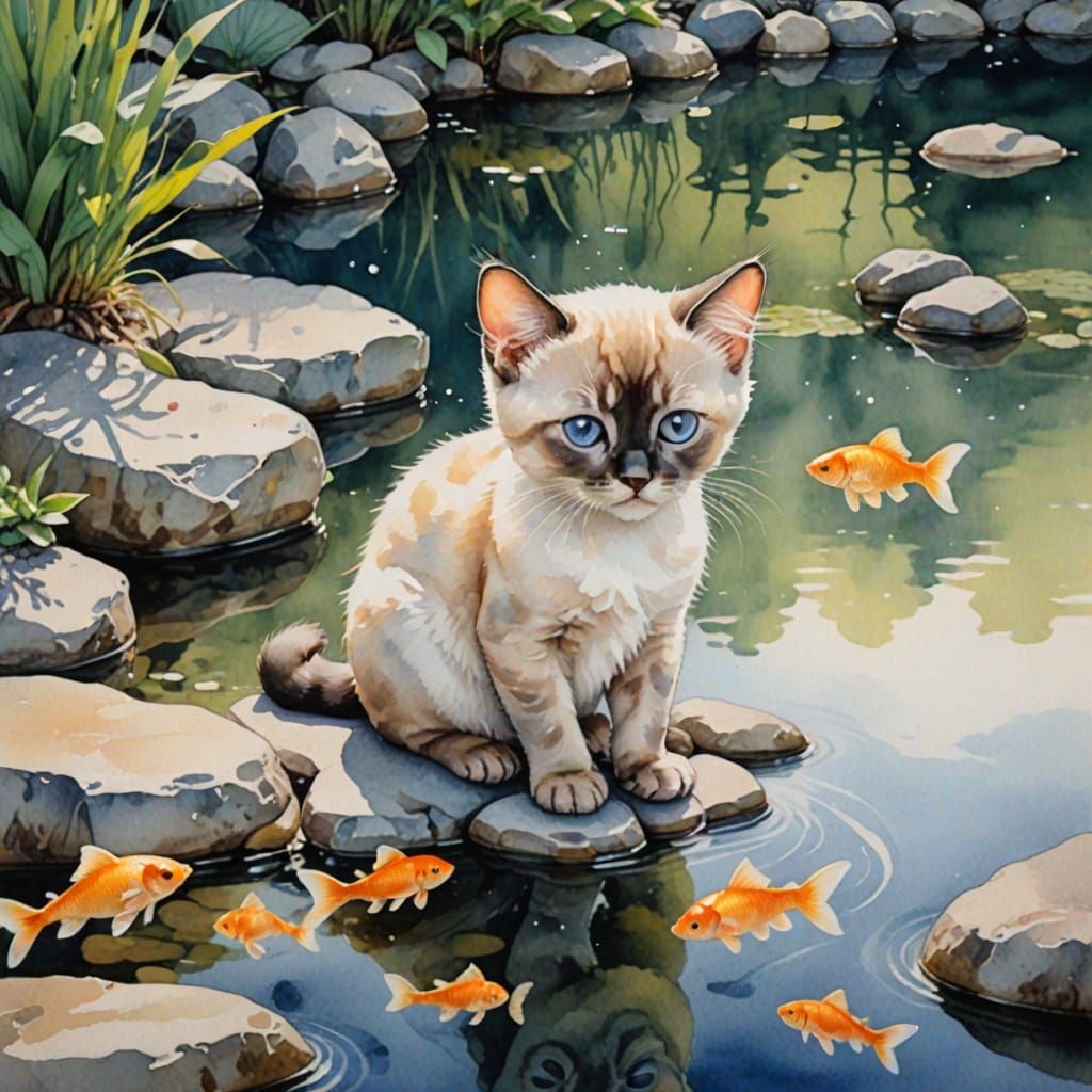 Siamese Kitten Contemplates Life at the Water's Edge in Whim...