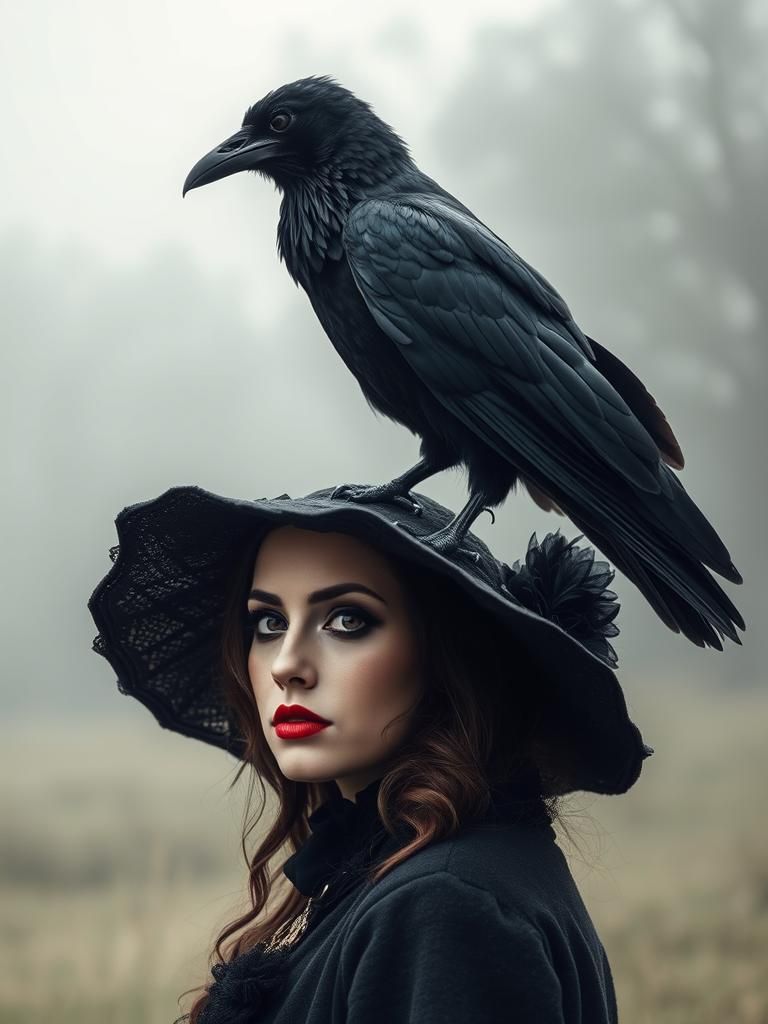 Enigmatic Sorceress and Raven in Victorian Whimsy