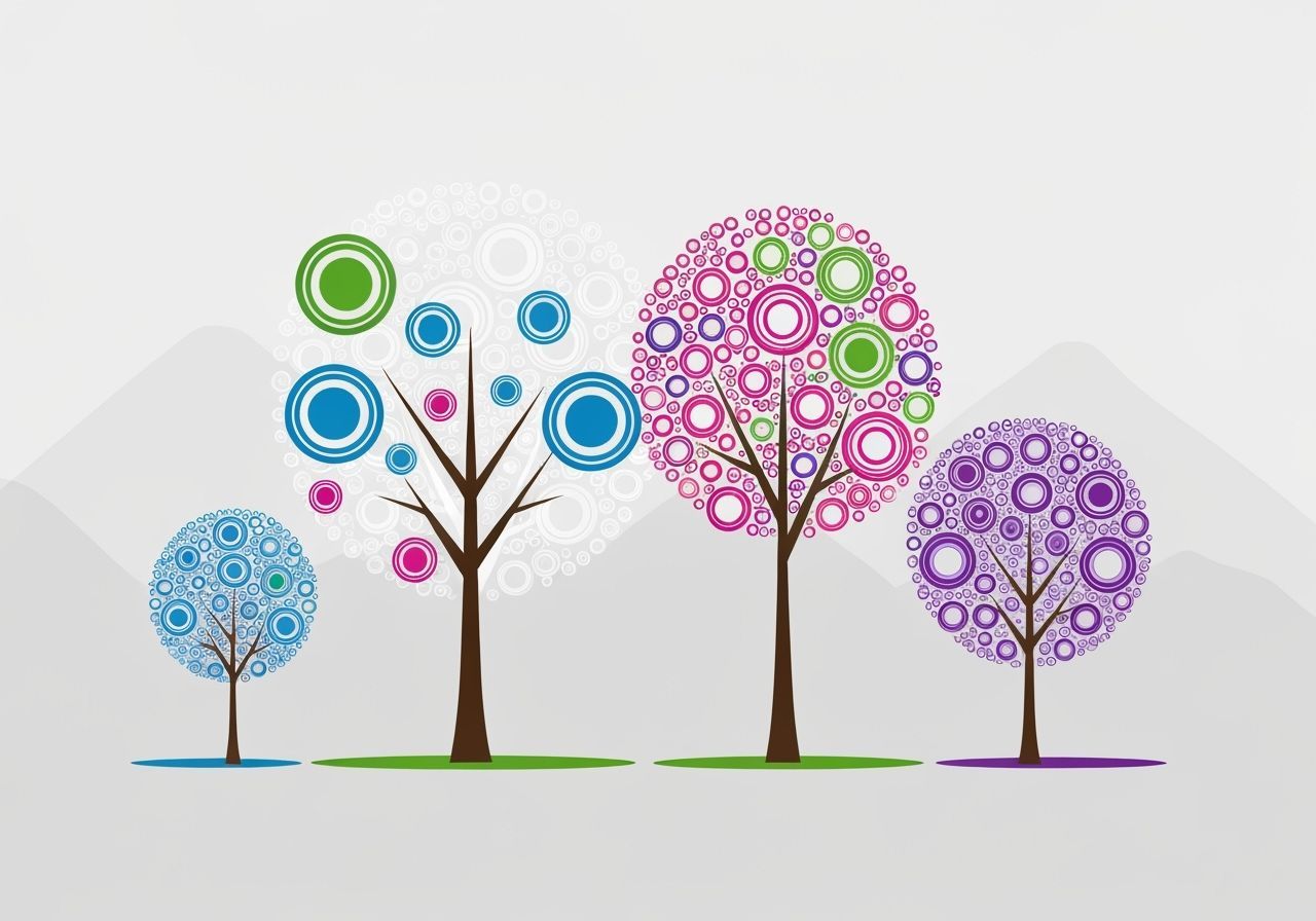 Stylized Trees with Circular Artistry in Watercolor Mountain...