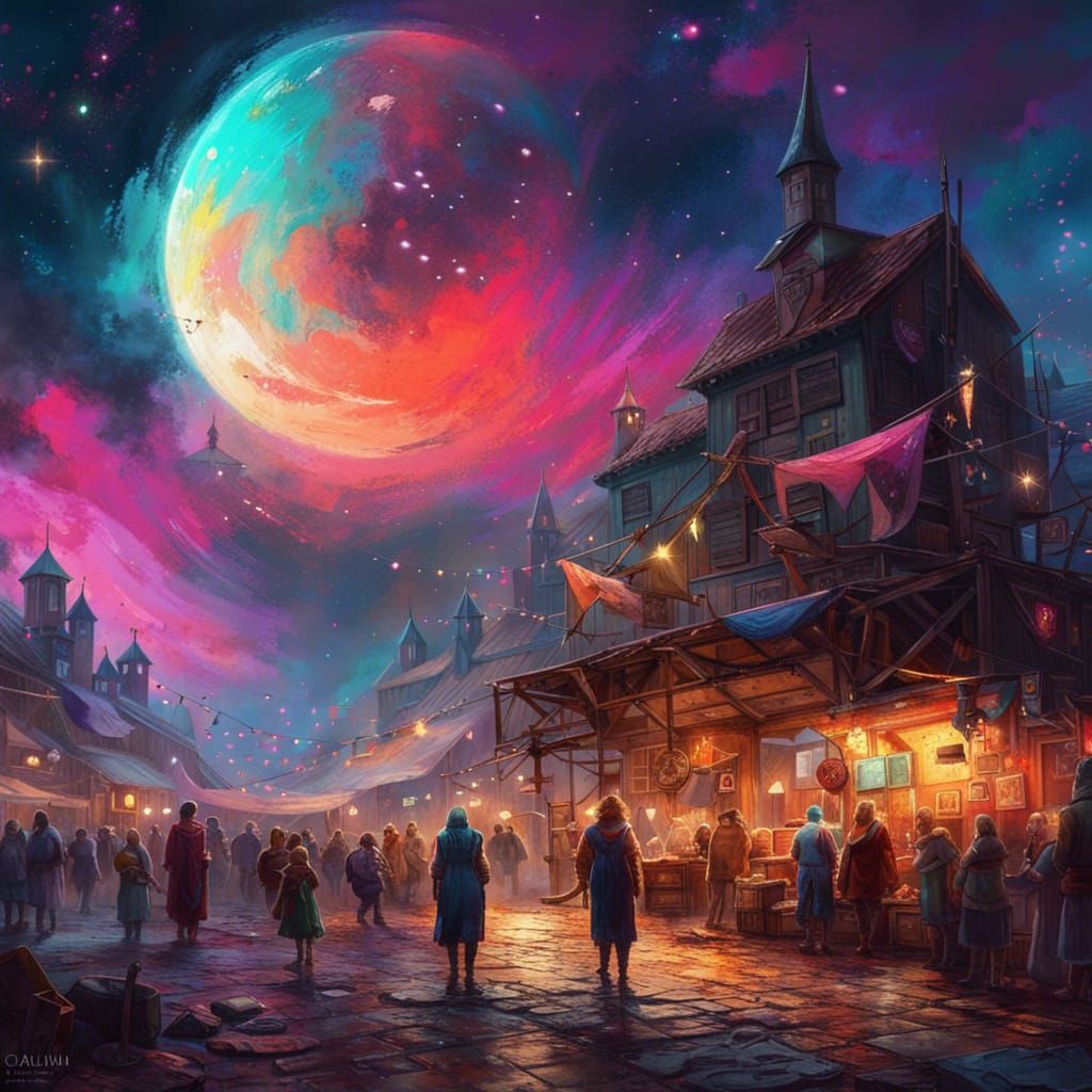 Enchanted Medieval Market Under a Crescent Moon