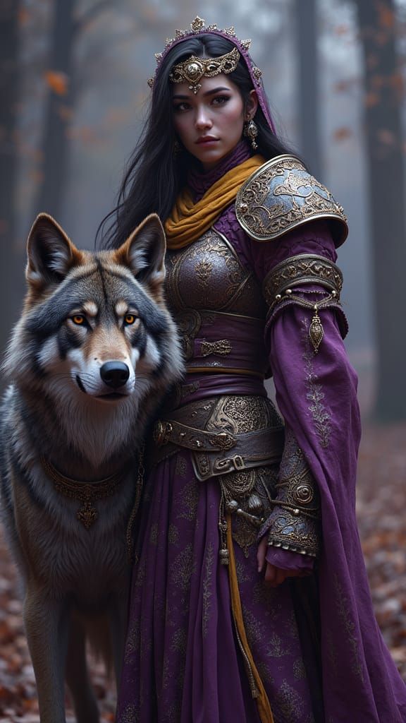 Turkish Female Warrior and Wolf in Ornate Armor