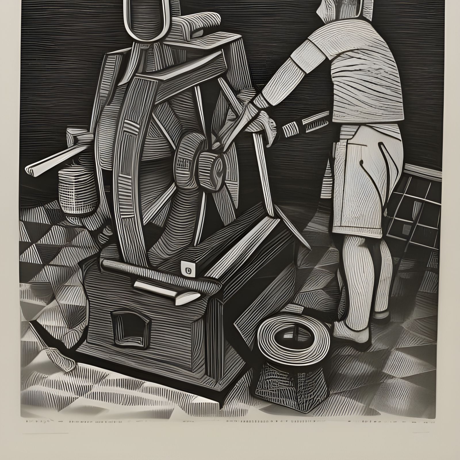 Checkered Workers Forging Wheel in Linocut Style