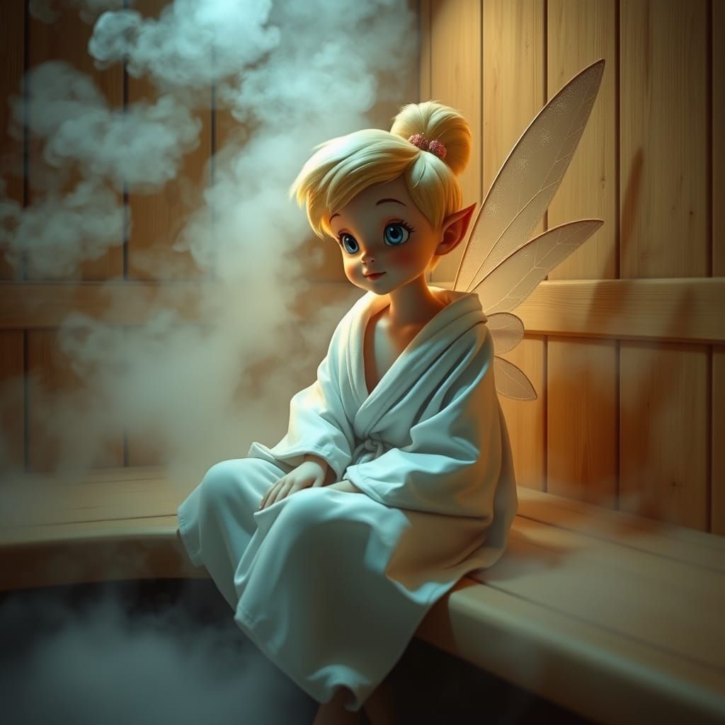Tinkerbell in Steamy Sauna, Whimsical Ethereal Style