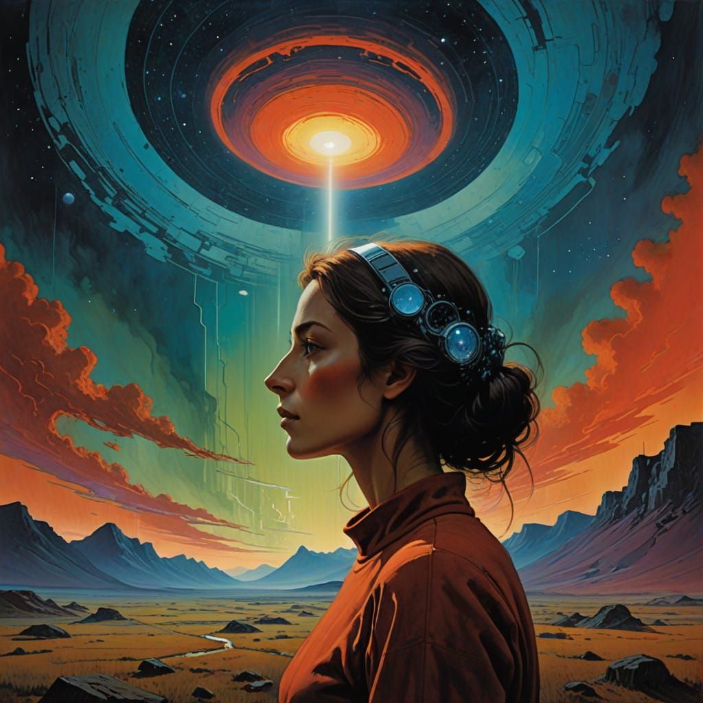 Ethereal Woman Reflects Cosmic Patterns in Starlit Sky