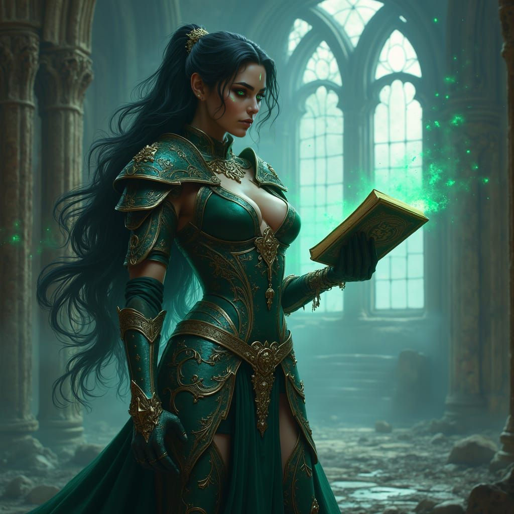 Divine Sorceress in Gothic Cathedral with Ornate Armor