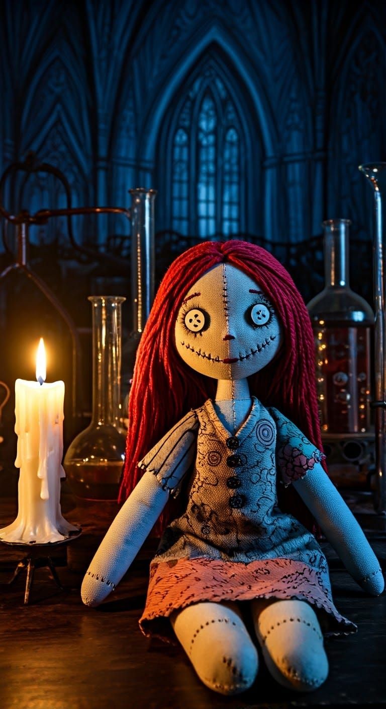 Sally in Eerie Victorian Laboratory, Tim Burton-esque Style