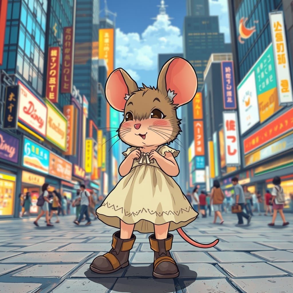 Overwhelmed Country Mouse in Anime-Style Cityscape