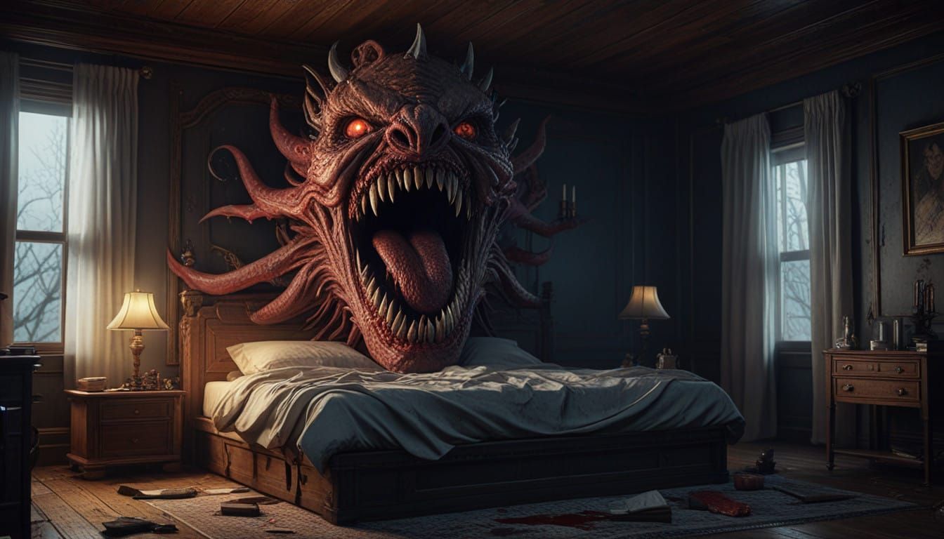 Fantastical Monster Under Bed in Deep Color