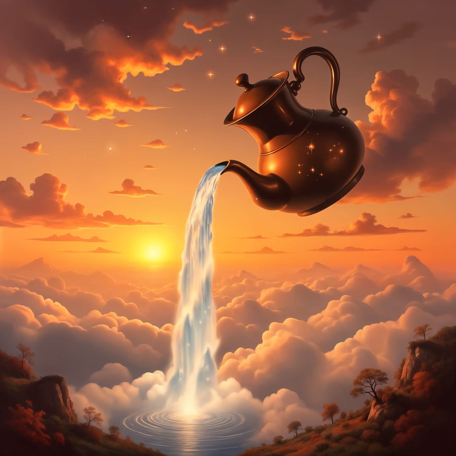 Surreal Coffee Pot Waterfall Over Floating Islands Oil Paint...