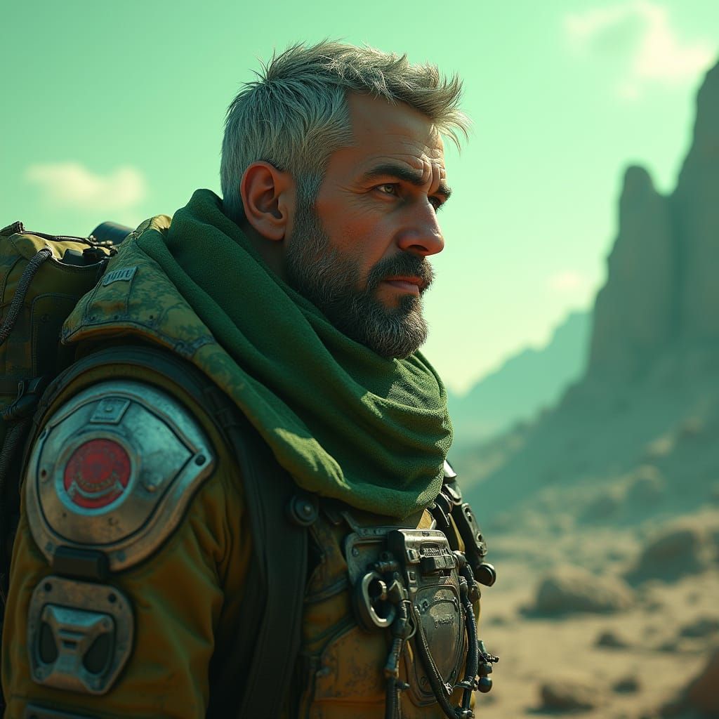 Cyberpunk Space Explorer on a Green Skied Alien World