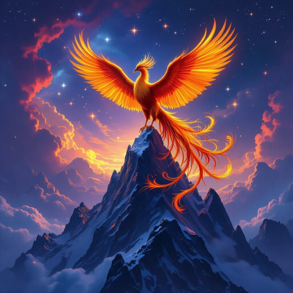 Fiery Phoenix on Crystalline Peak: Digital Art