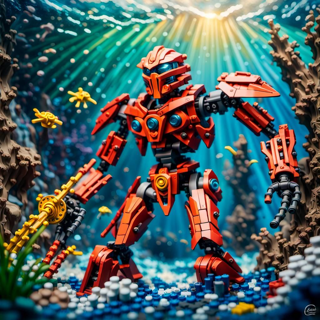 Underwater Lego Bionicle in Hyperrealistic Expressionist Sty...