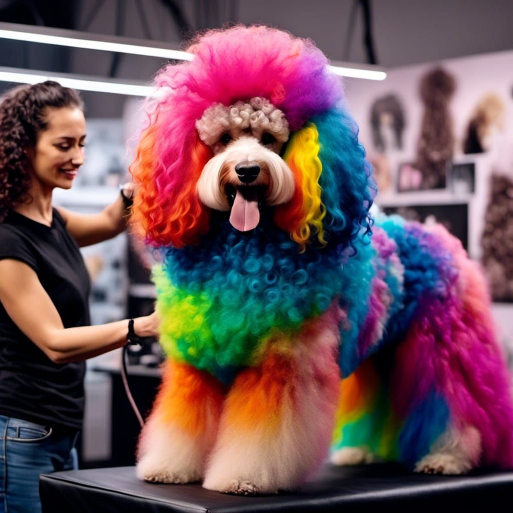 Hyperrealistic Groomer Clipping a Colorful Giant Poodle