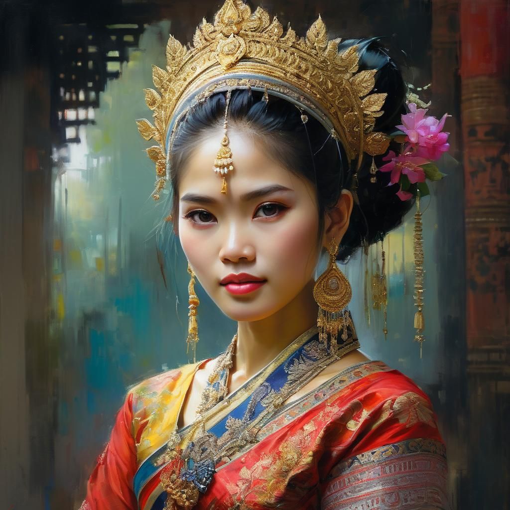 Beautiful Thai Woman Portrait in Pastel Art
