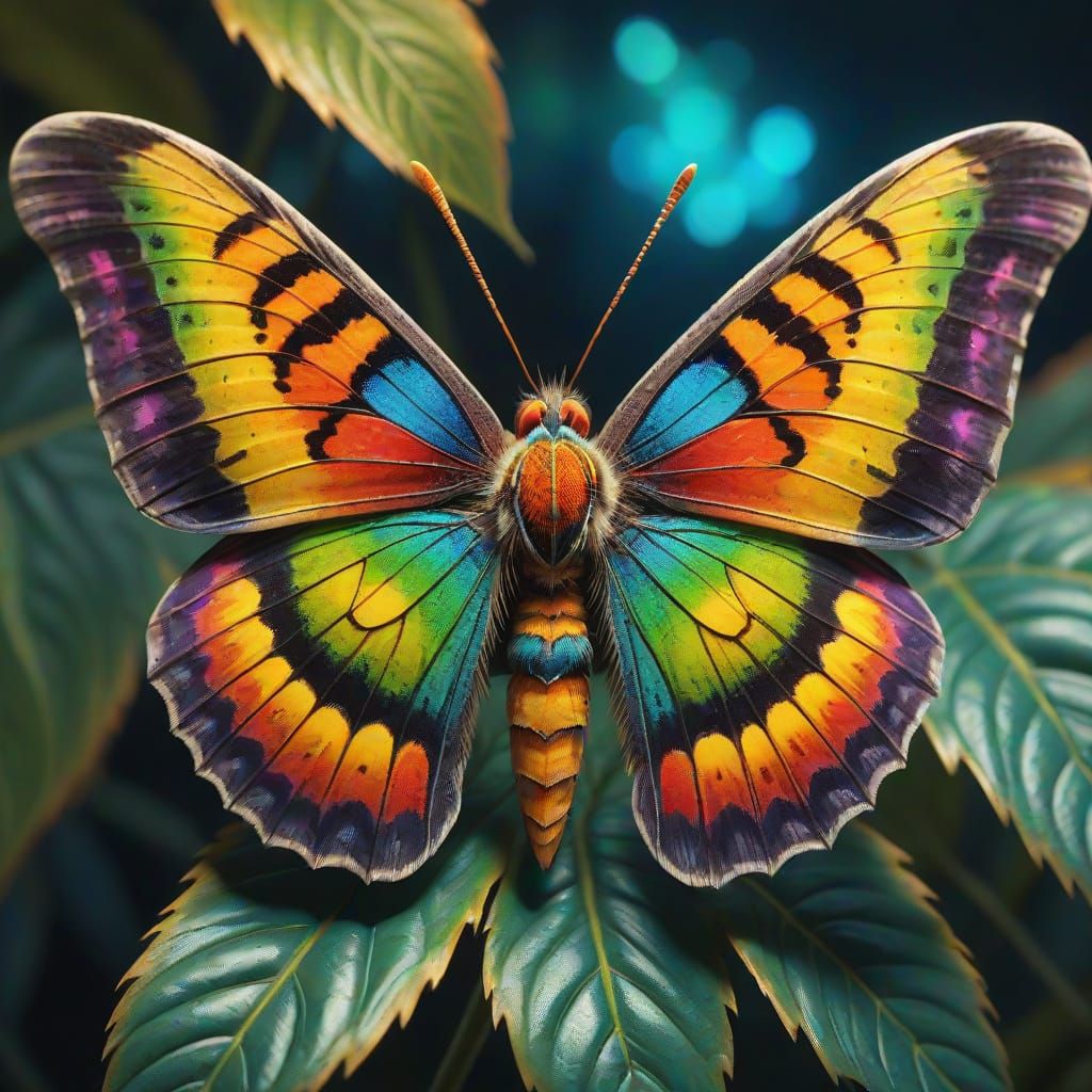 Iridescent Sunset Moth in Vibrant, Cosmic Art