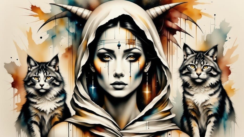 Lady of the Mountain with Whimsical Feline Companions in Neo...