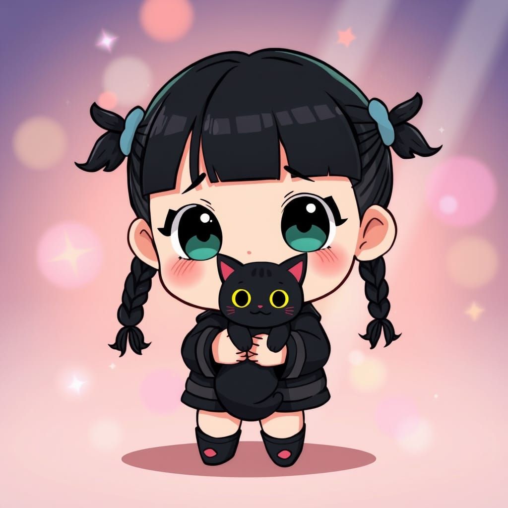 Wednesday Adams with Black Cat in Chibi Art Style
