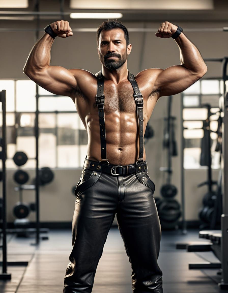 Muscular Brazilian Man Exposes Biceps in Leather Harness