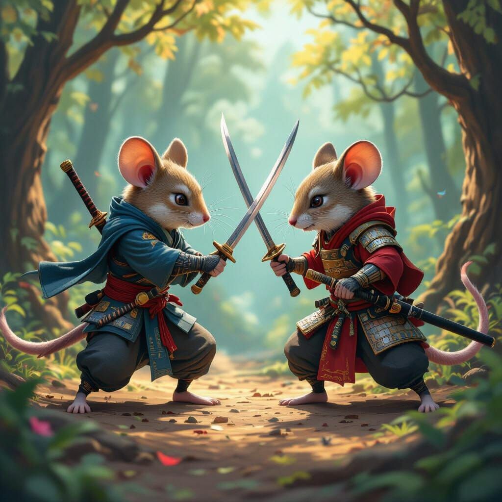 Mice Warriors Battle in Fantasy Forest