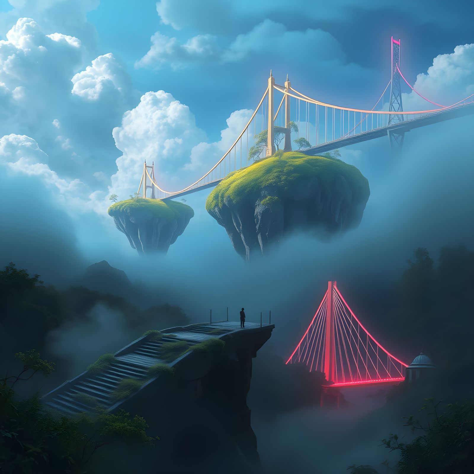 Surreal Bridge Connects Enchanted Islands in a Dreamy, Mysti...