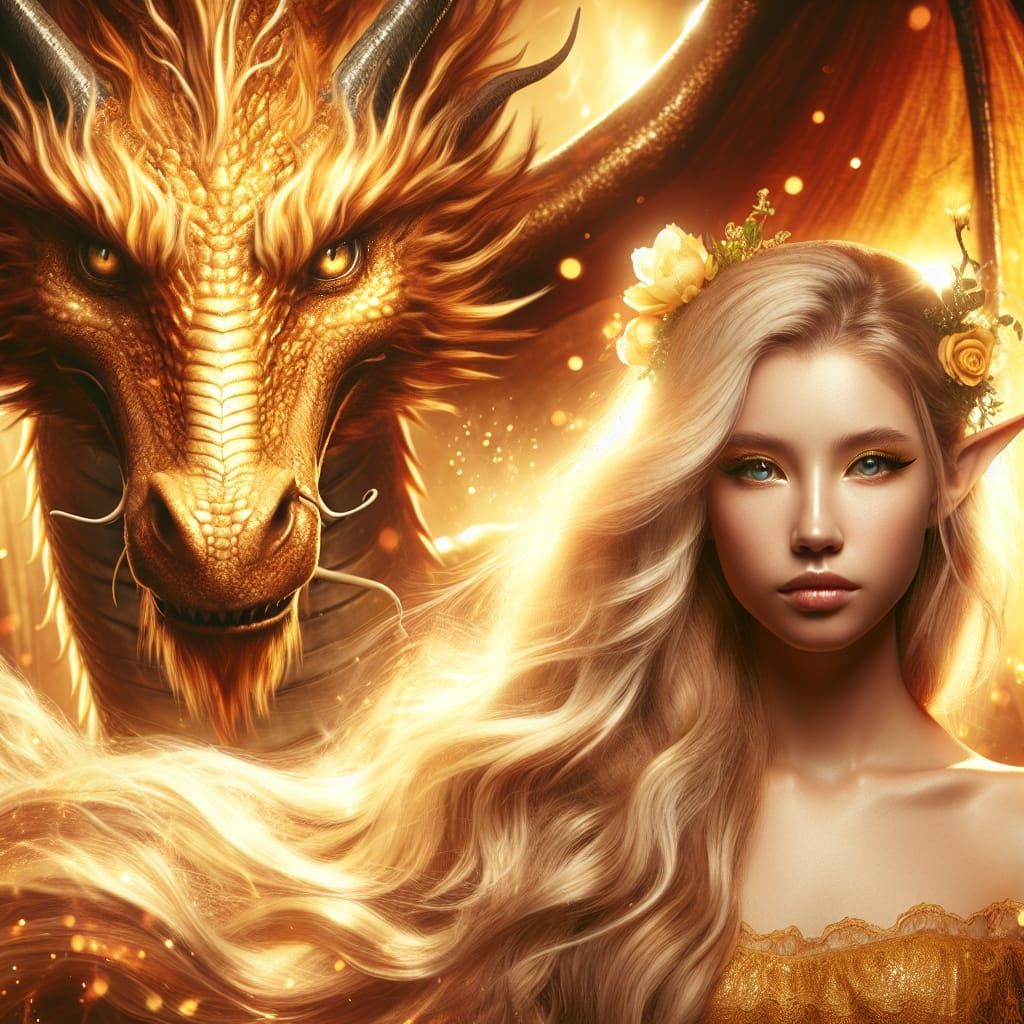 Golden Dragon and Fire Fairy Fantasy Art