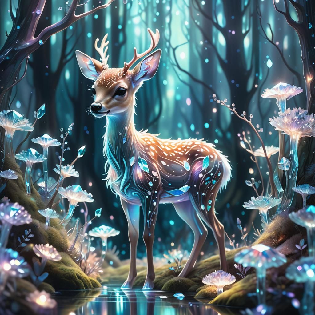 Crystalline Fawn in Bioluminescent Forest: Digital Art