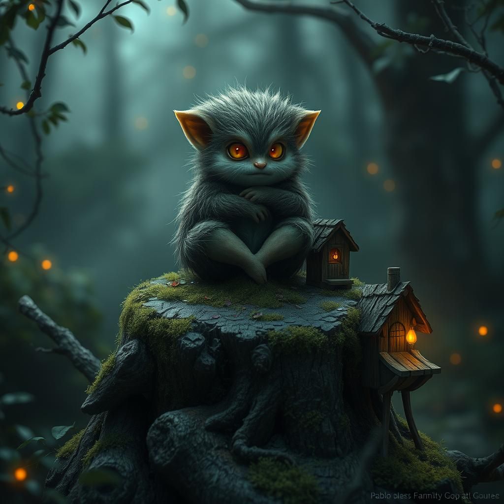Endearing Furry Baba Yaga on Mossy Stump, Digital Art