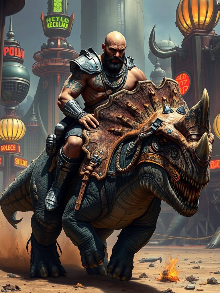 Futuristic Warrior on Triceratops in Sci-Fi Wasteland