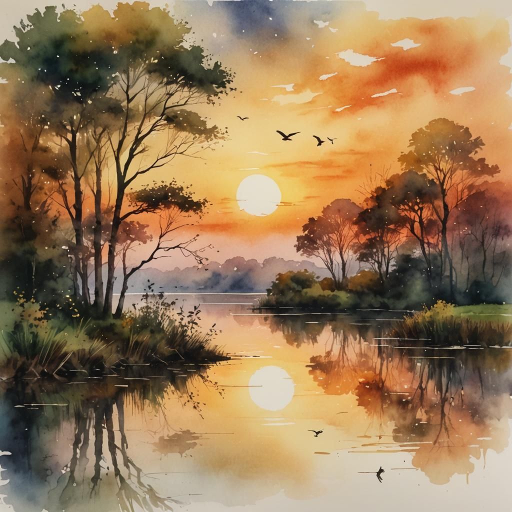 Beautiful Watercolour Sunset Over a Tranquil Lake