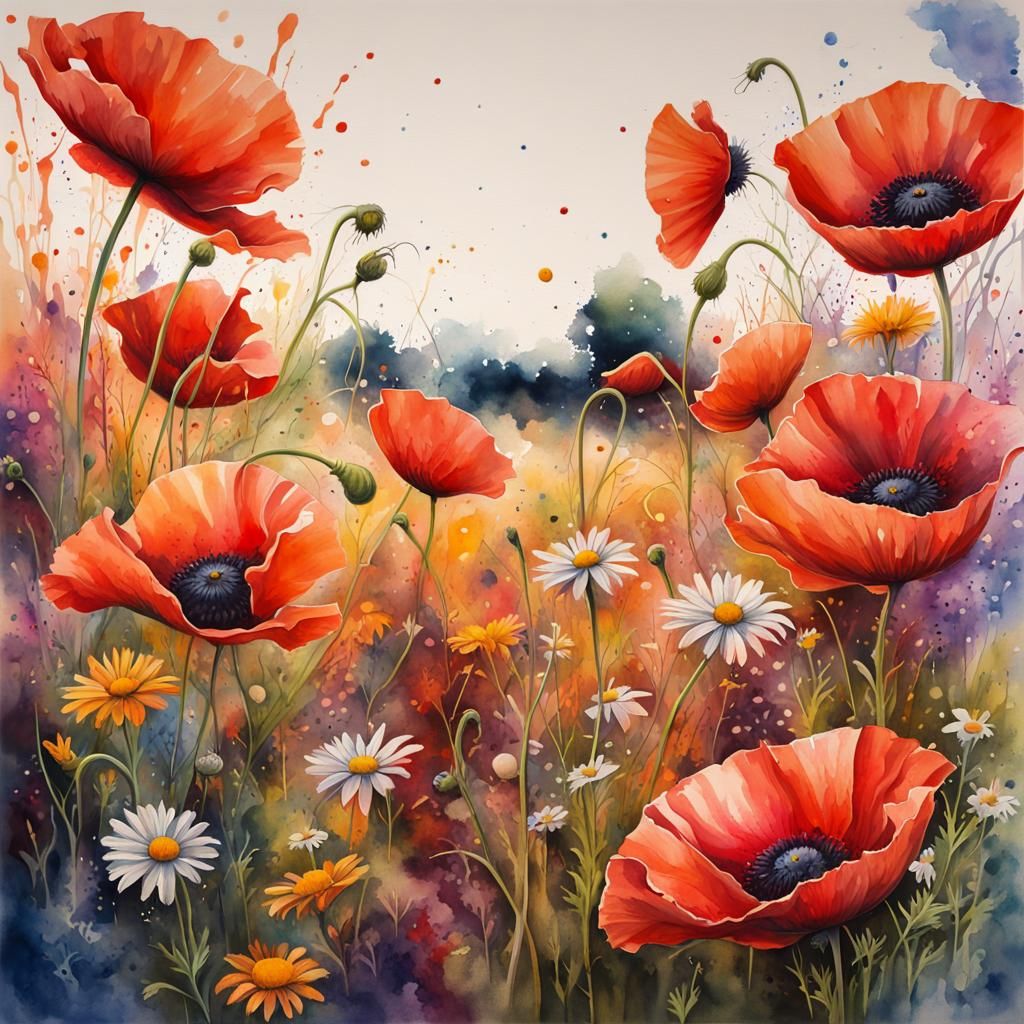 Vibrant Wildflower Field in Watercolor Splash Art