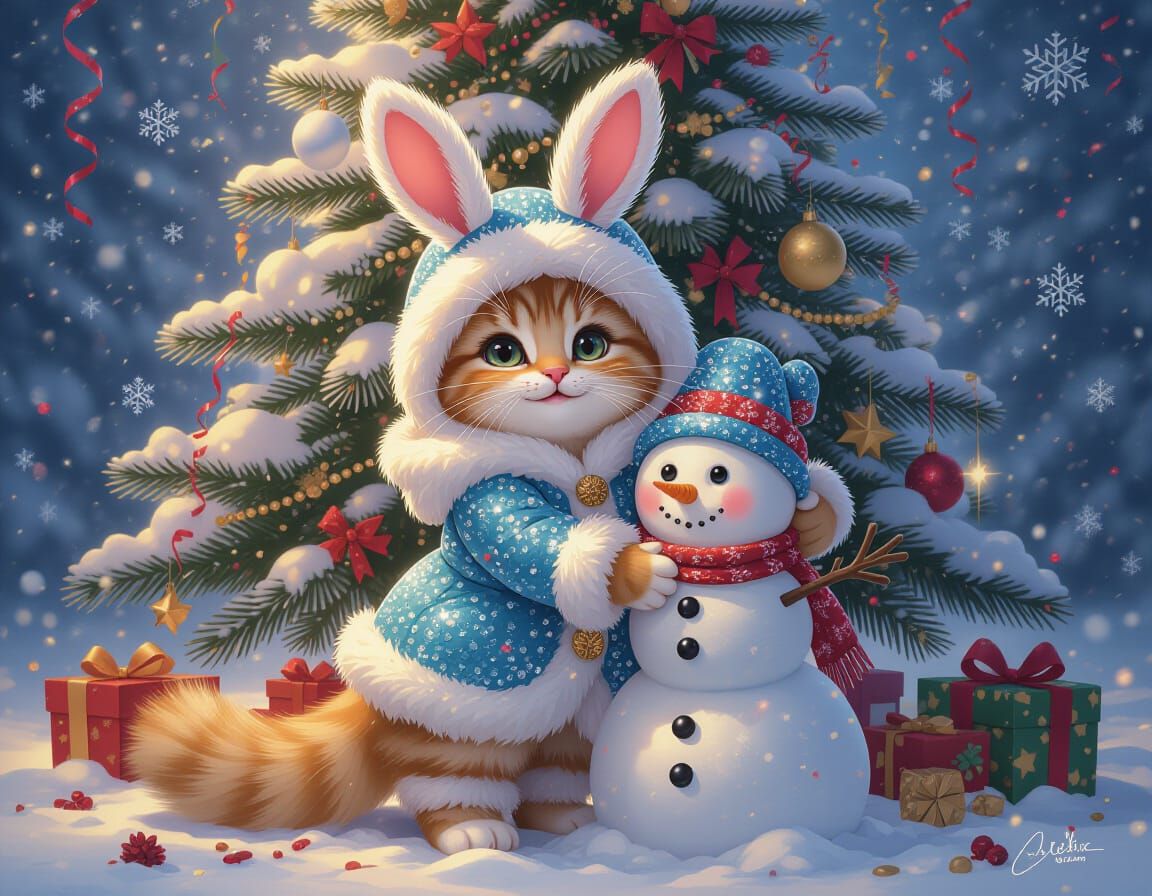 Adorable Snow Maiden Cat Hugs Snowman in Festive Holiday Sce...