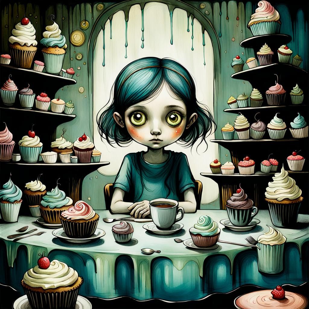 Girl with Huge Cakes: Sketch Style Illustration