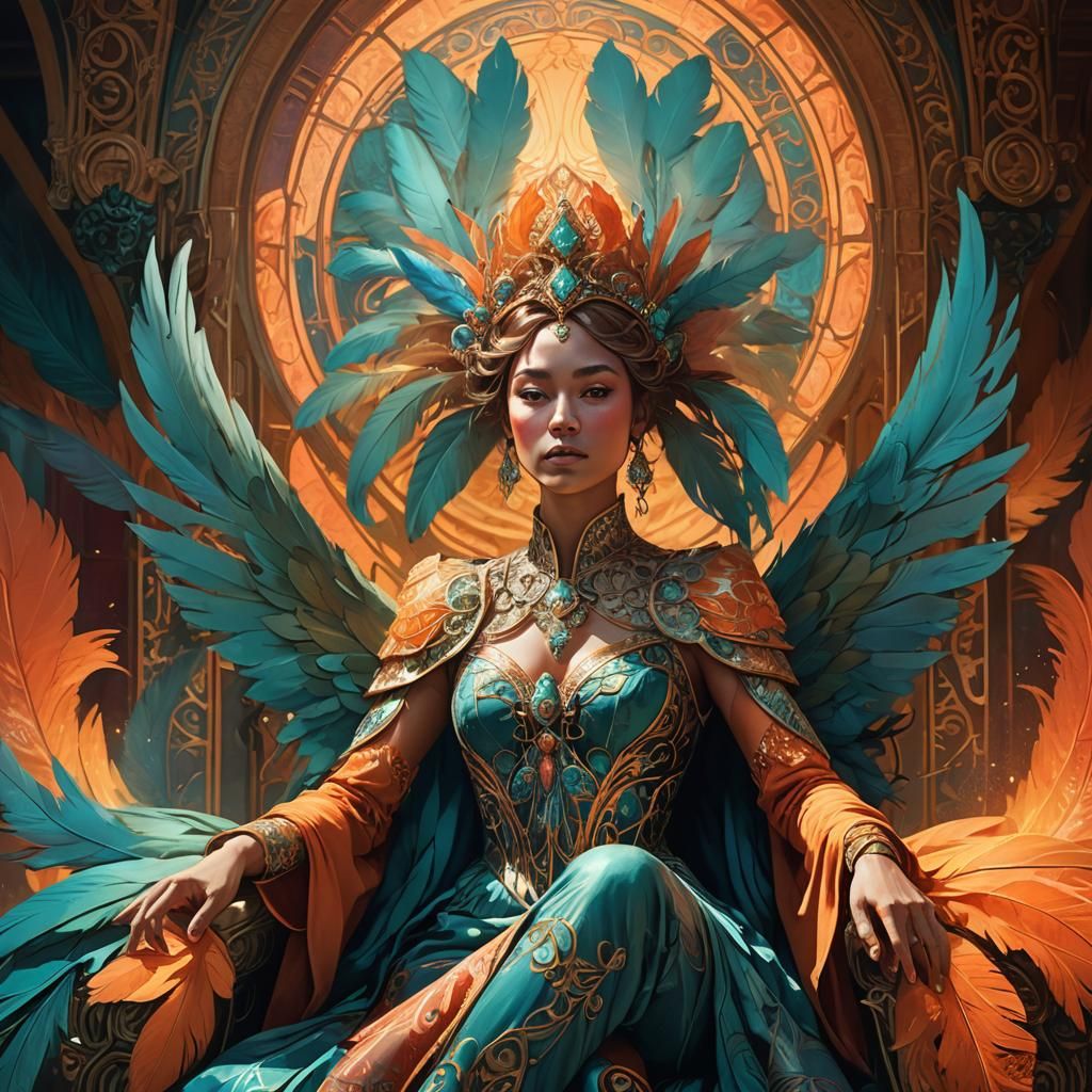 Art Nouveau Woman on Throne in Triadic Light