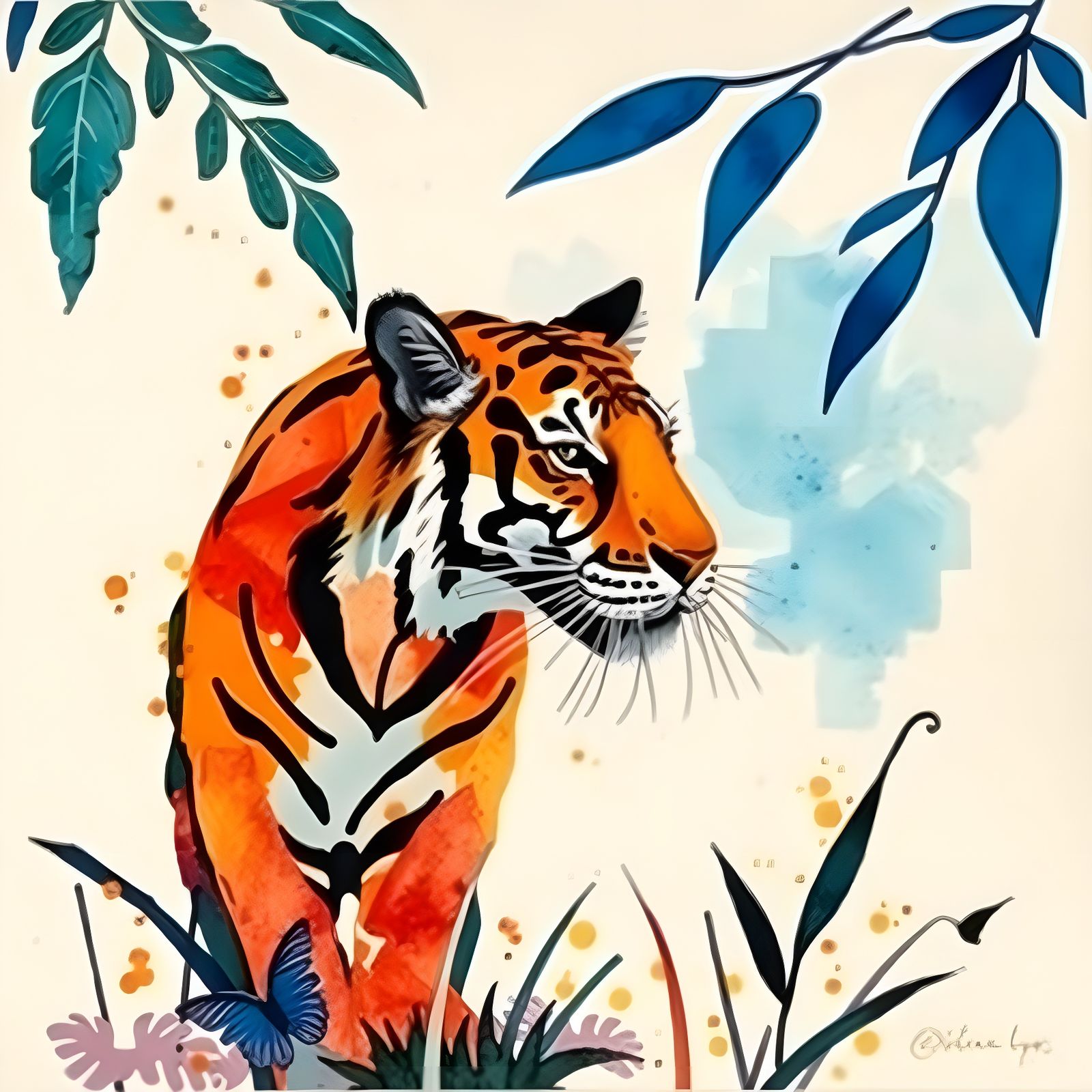 Minimalist Tiger in Jungle Collage with Azure Sky