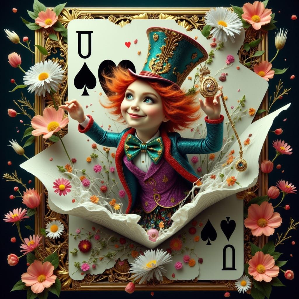 Mad Hatter Emerges from a Giant Playing Card in Whimsical Wo...