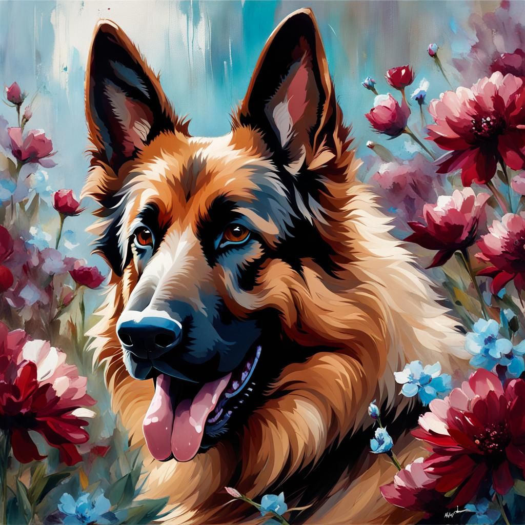 Smiling German Shepherd Portrait with Flowers as Oil Paintin...