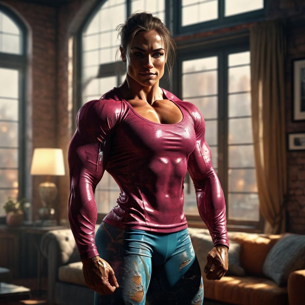 Muscular Woman Bodybuilder Flexing Biceps in Digital Art
