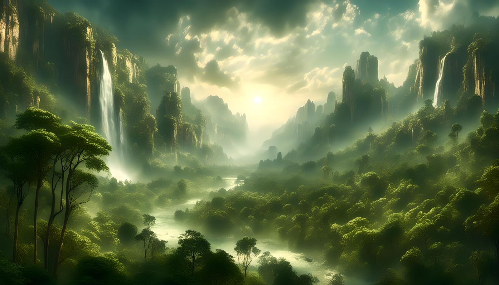 Vibrant Oriental Jungle Landscape with Waterfall