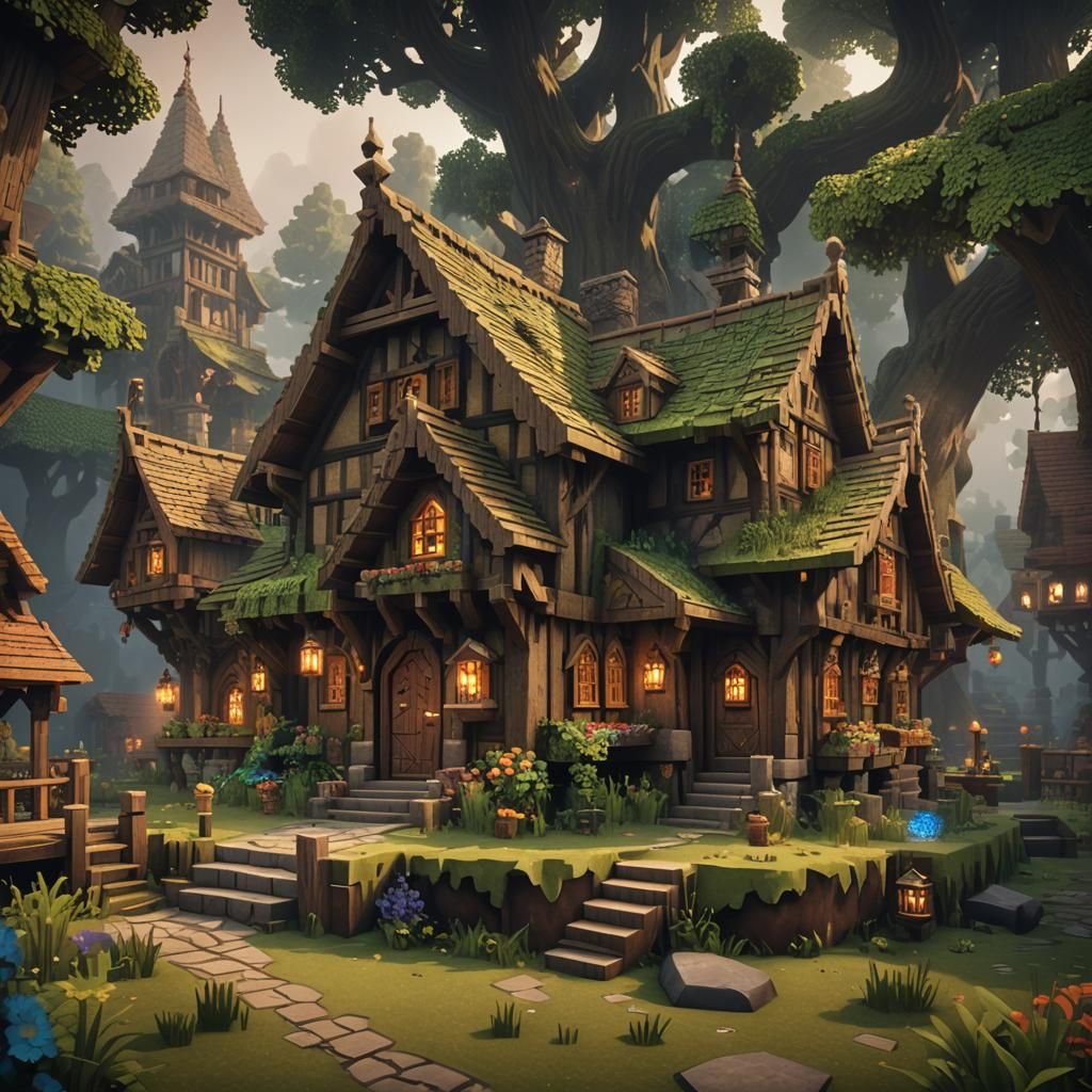 Mystical Medieval Wooden House in Fantasy Forest