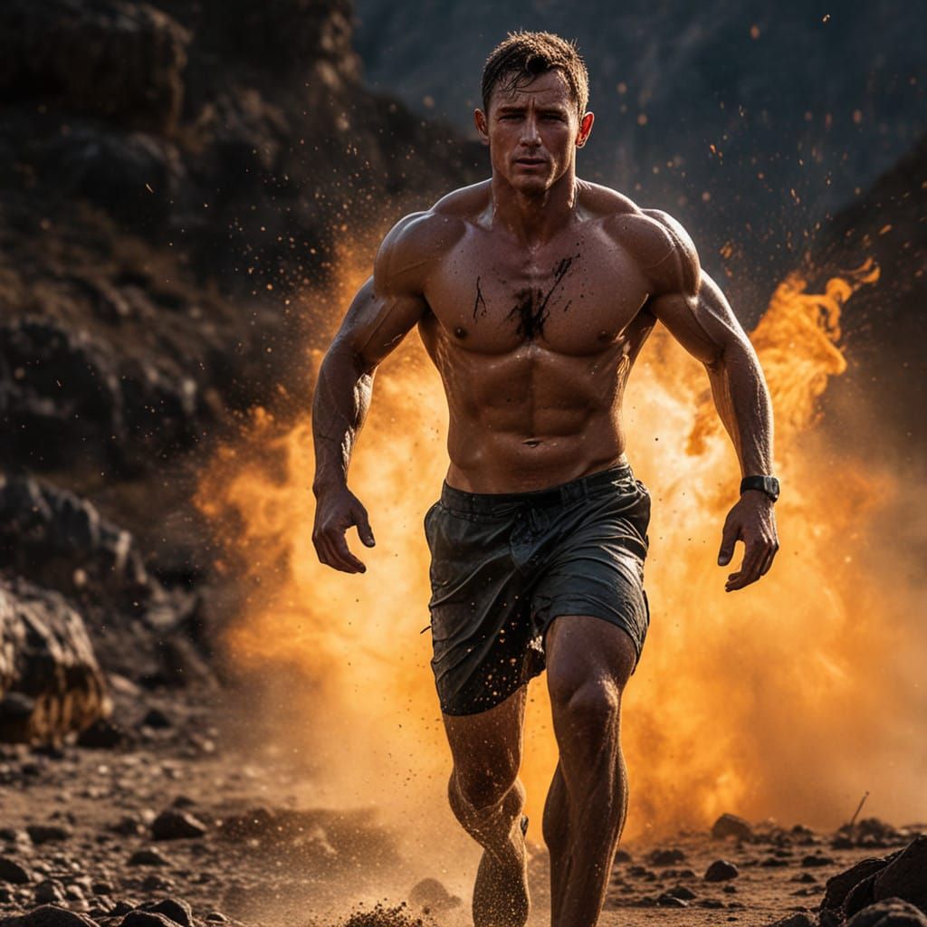 Action Hero Runs Through Fire in High-Contrast Style