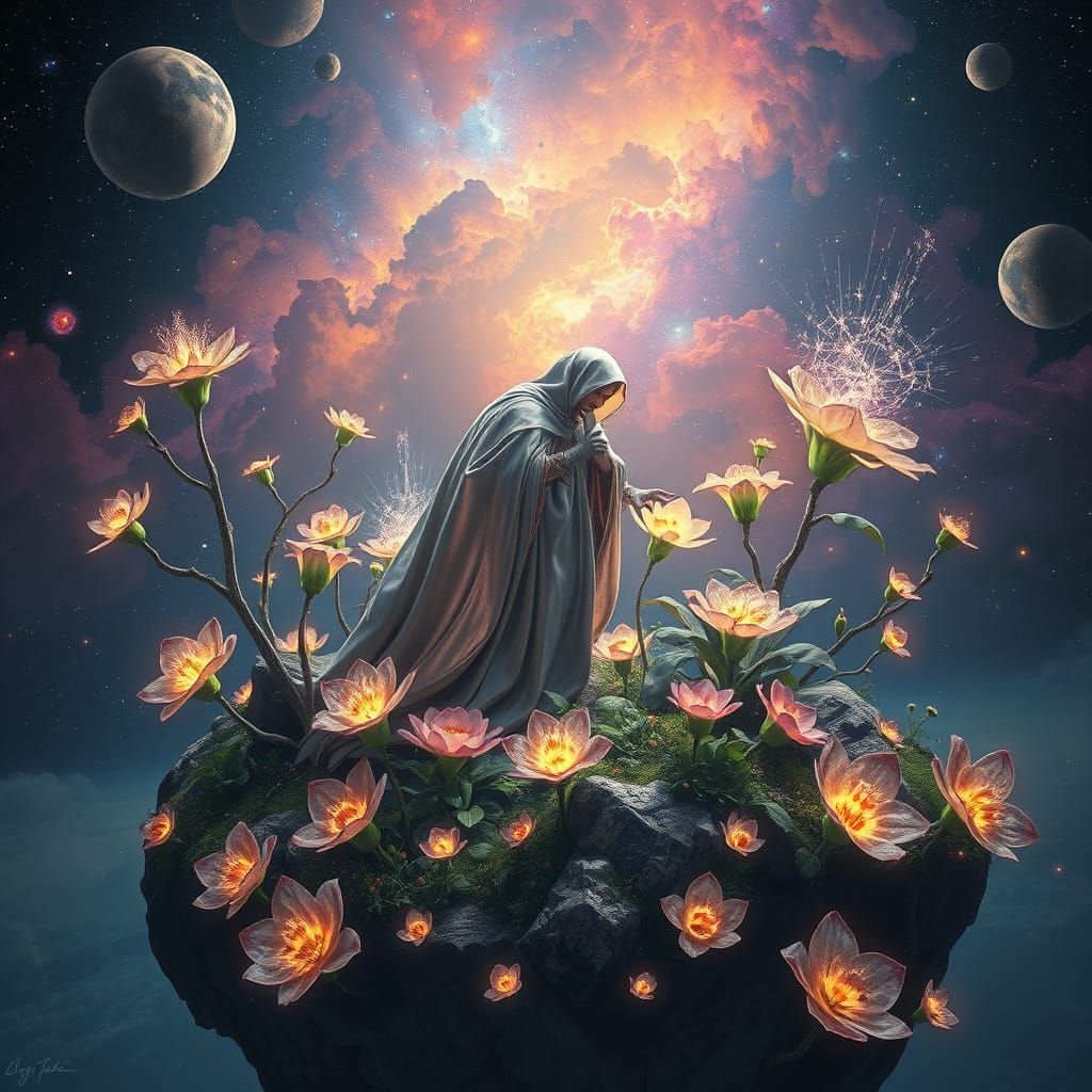 Cosmic Botanist Tending a Celestial Garden