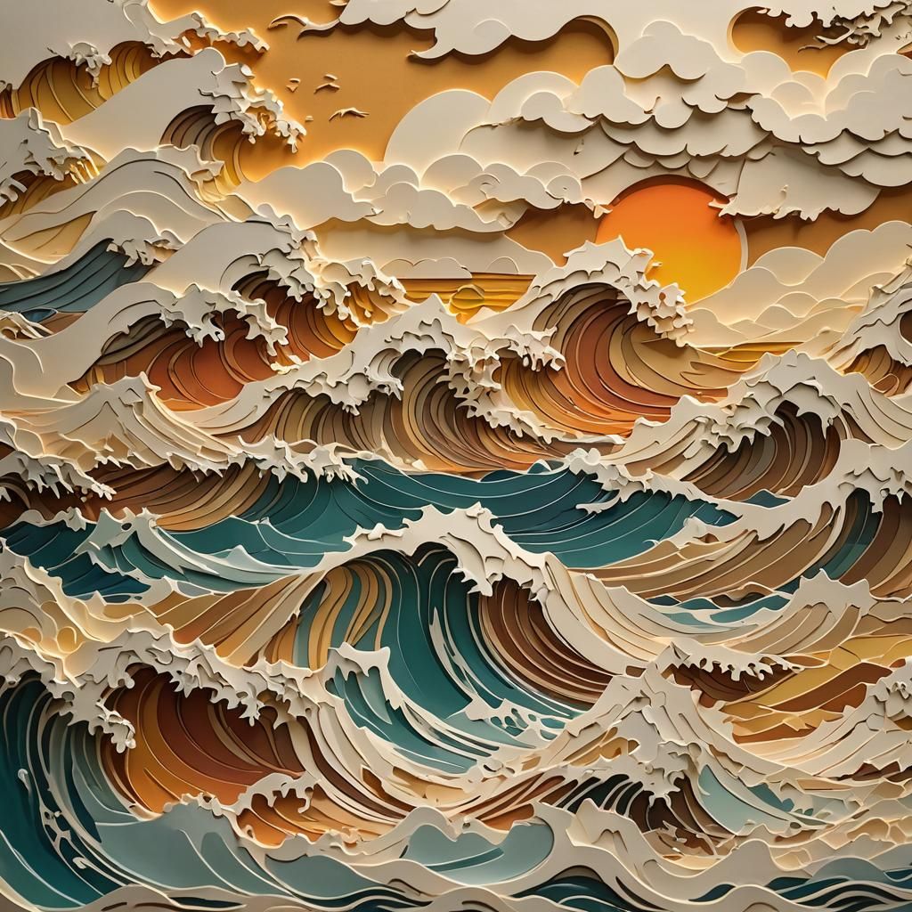Kirigami Ocean Waves at Sunset