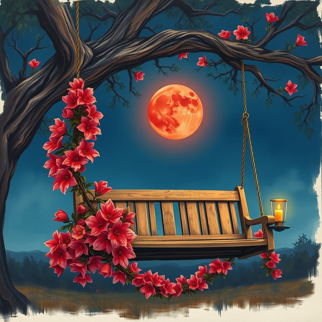 Romantic Garden Scene in Vibrant Gouache Style