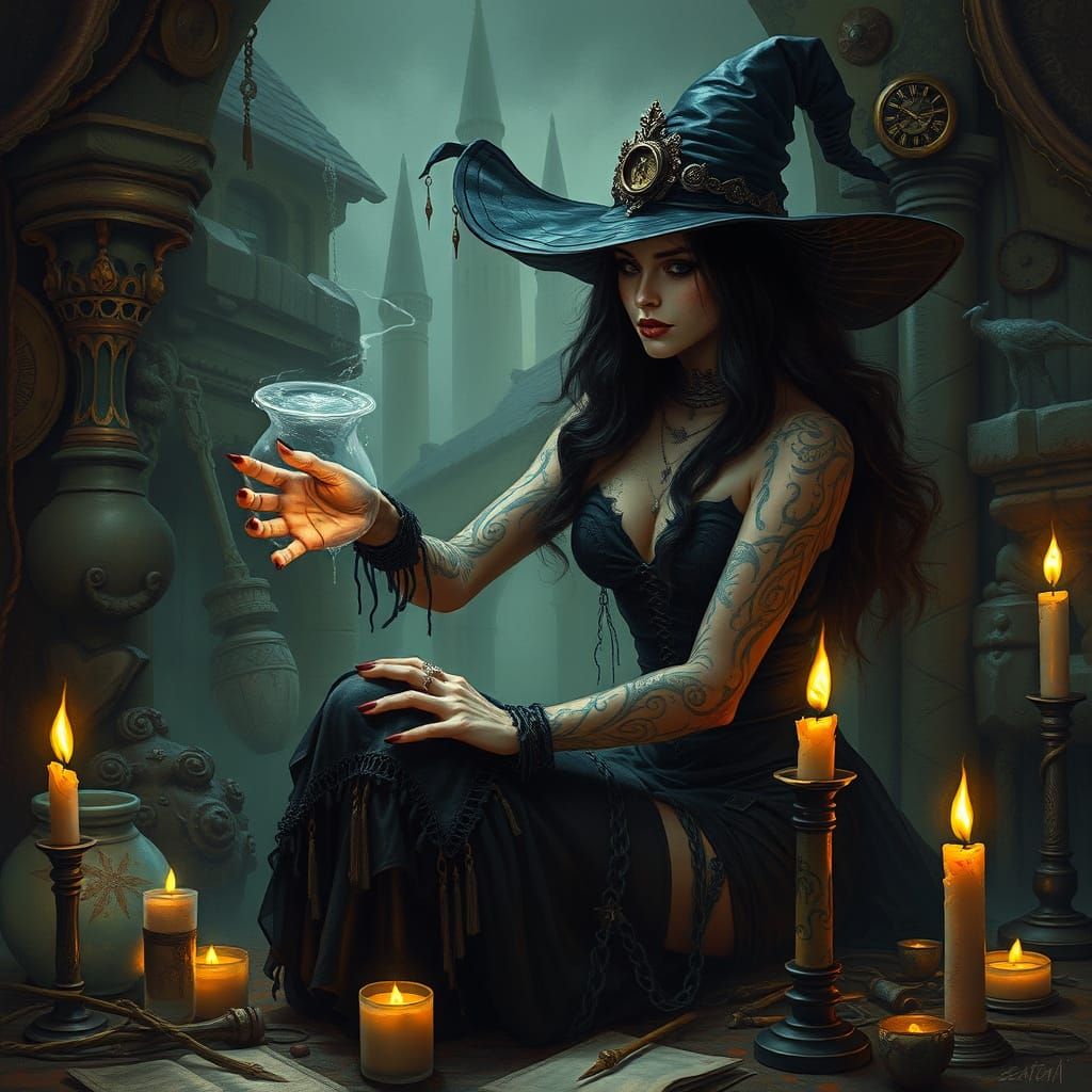Dark Fantasy Witch Casts Spell Amidst Ancient Artifacts